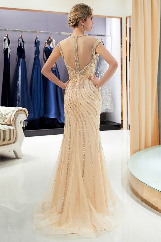 Mermaid Floor Length Sleeveless Golden Beading Evening Gowns-showprettydress