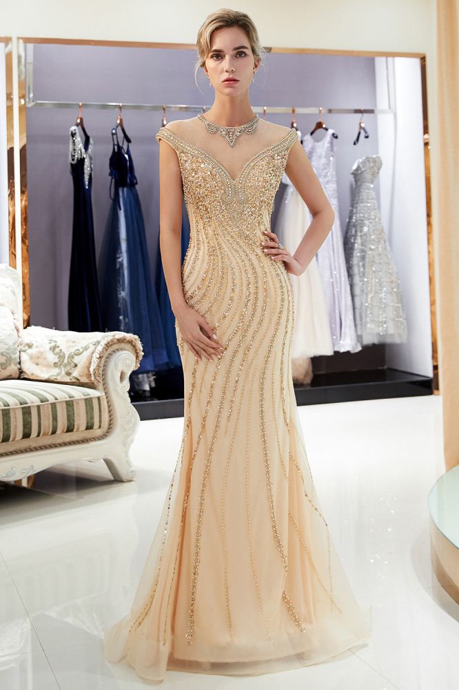 Mermaid Floor Length Sleeveless Golden Beading Evening Gowns-showprettydress