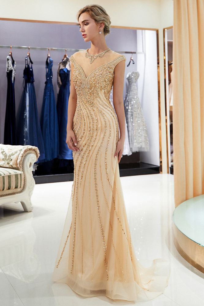 Mermaid Floor Length Sleeveless Golden Beading Evening Gowns-showprettydress