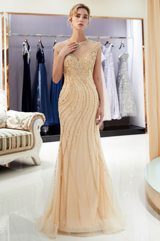 Mermaid Floor Length Sleeveless Golden Beading Evening Gowns-showprettydress
