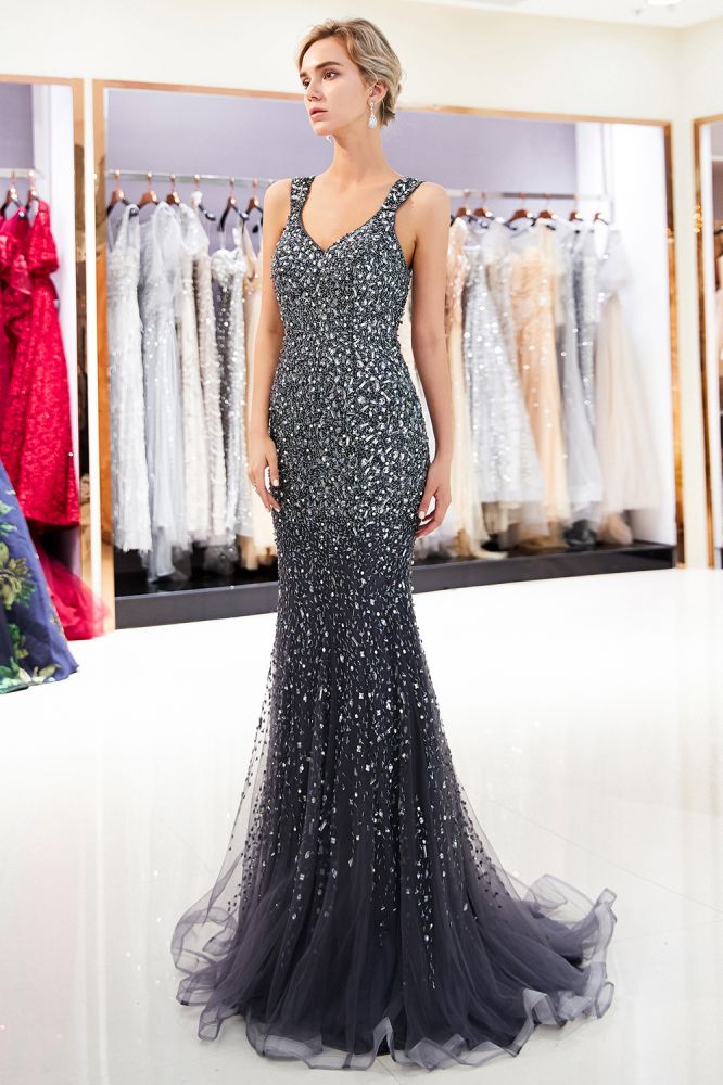 Mermaid Floor Length V-neck Sleeveless Crystals Beading Formal Party Dresses-showprettydress