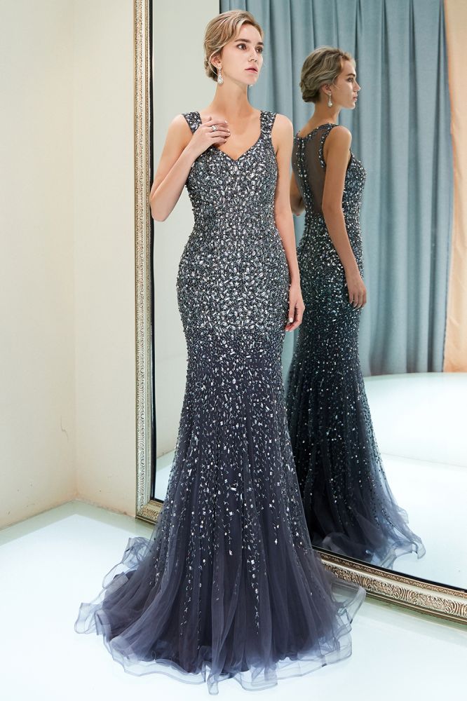 Mermaid Floor Length V-neck Sleeveless Crystals Beading Formal Party Dresses-showprettydress