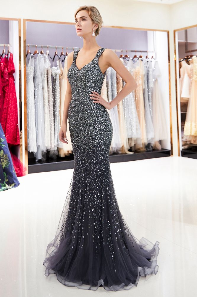 Mermaid Floor Length V-neck Sleeveless Crystals Beading Formal Party Dresses-showprettydress