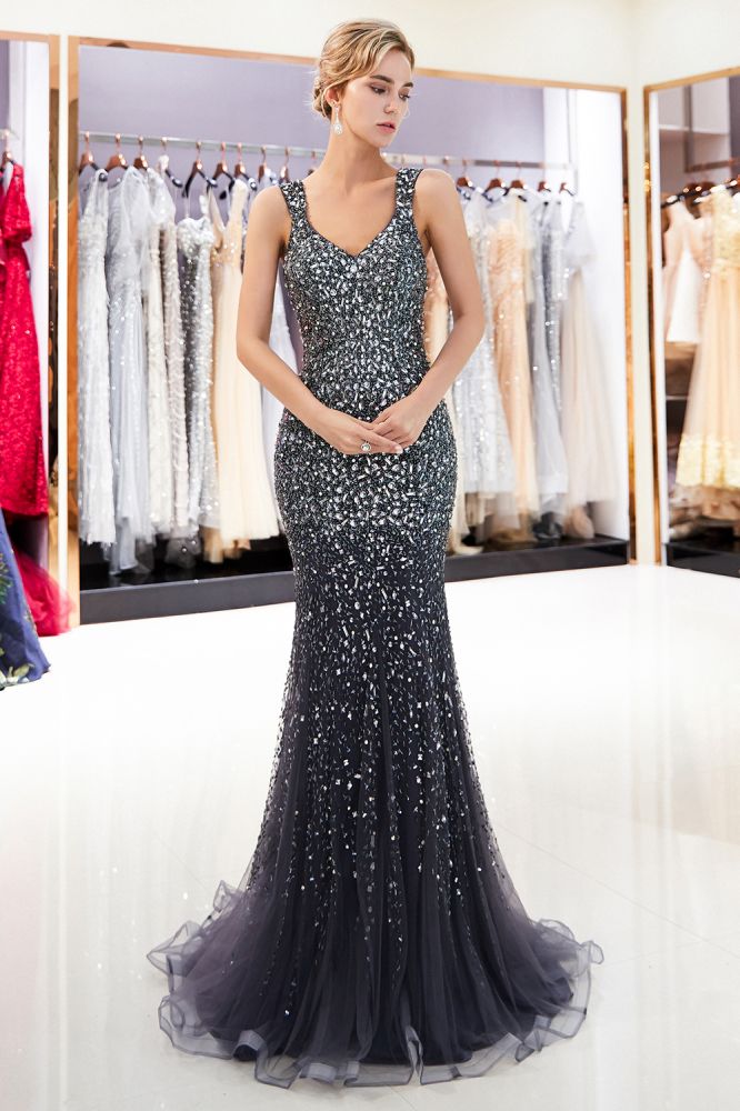 Mermaid Floor Length V-neck Sleeveless Crystals Beading Formal Party Dresses-showprettydress