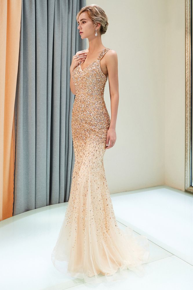 Mermaid Floor Length V-neck Sleeveless Crystals Beading Formal Party Dresses-showprettydress