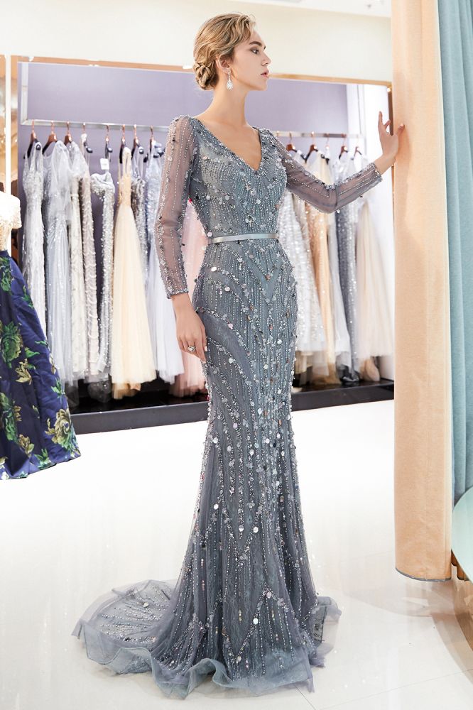Mermaid Long Sleevess V-neck Sequins Evening Gowns with Sash-showprettydress