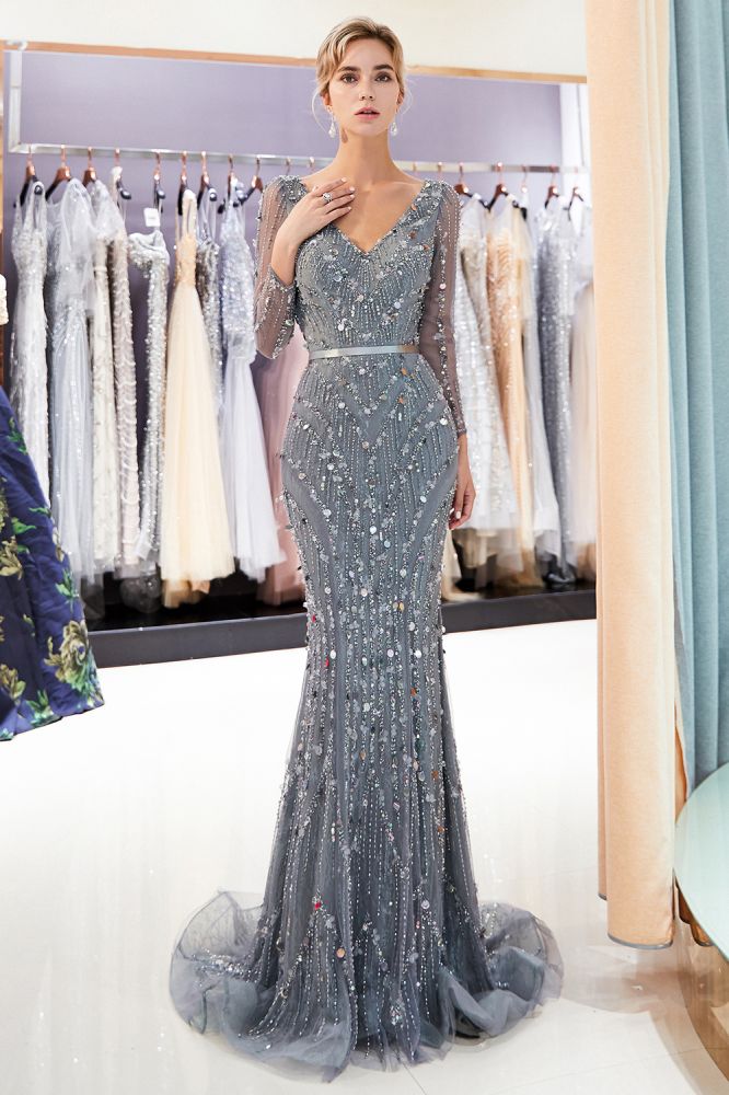 Mermaid Long Sleevess V-neck Sequins Evening Gowns with Sash-showprettydress