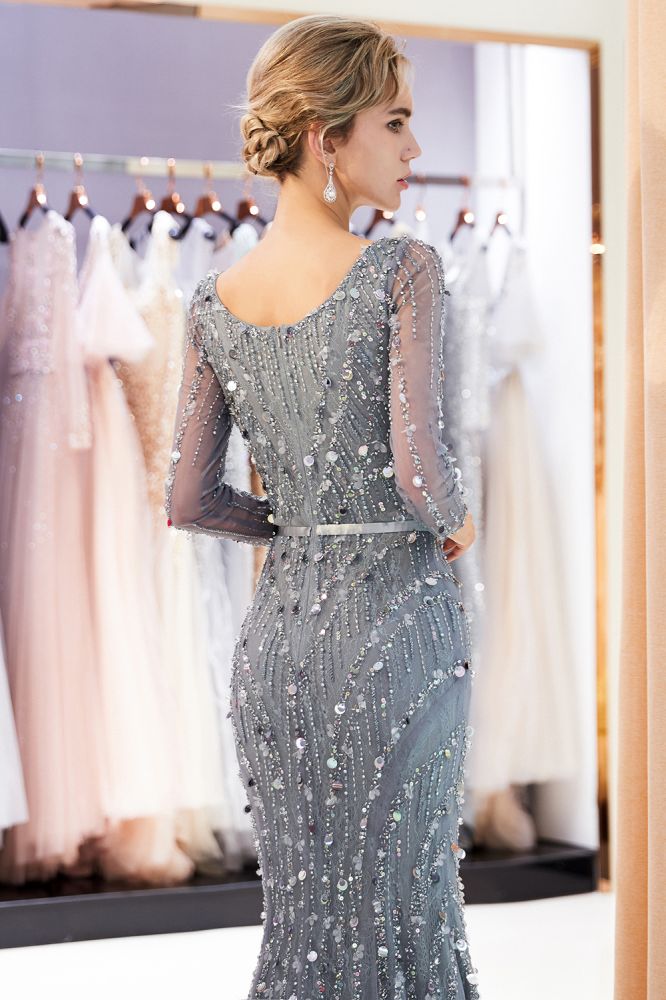 Mermaid Long Sleevess V-neck Sequins Evening Gowns with Sash-showprettydress