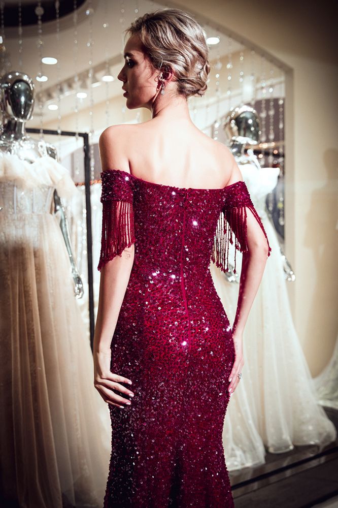 Mermaid Off-the-shoulder V-neck Floor Length Sequins Evening Dresses-showprettydress