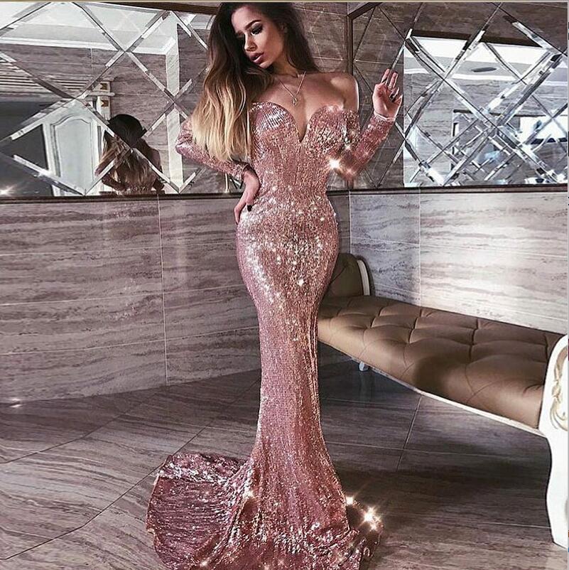 Mermaid Pink Shiny Sequined Strapless Off-the-Shoulder Long Sleevess Prom Party Gowns-showprettydress