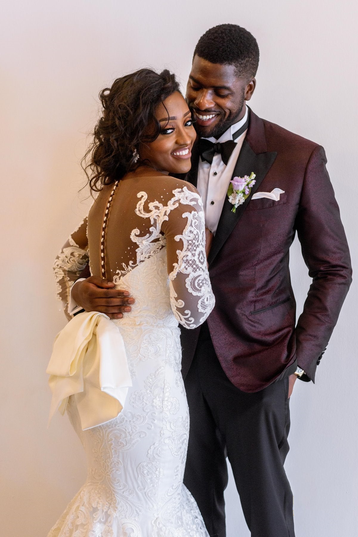 Mermaid Round Collar Long Sleeves Backless Floor Length Charmeuse Applique Wedding Dress-showprettydress