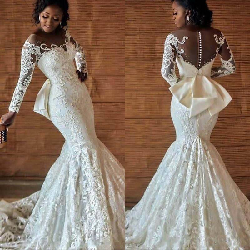 Mermaid Round Collar Long Sleeves Backless Floor Length Charmeuse Applique Wedding Dress-showprettydress