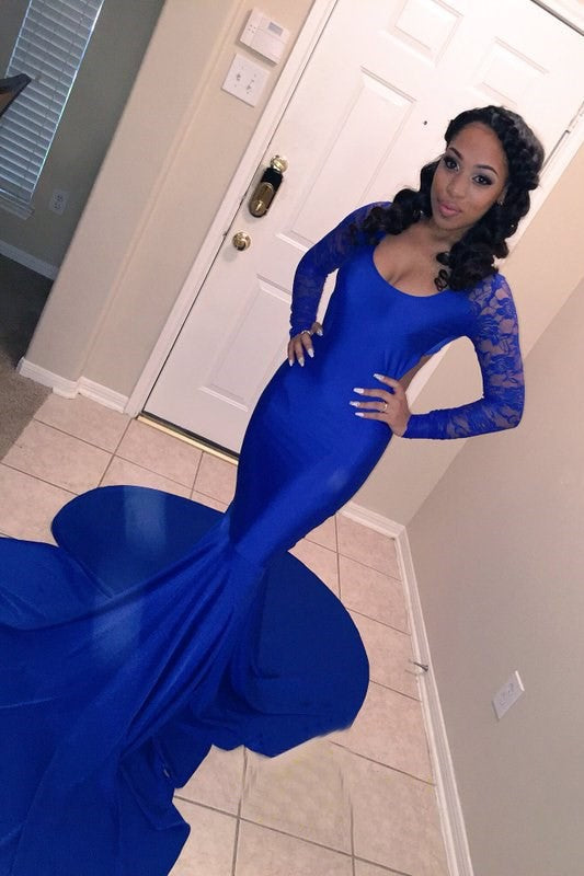Mermaid Round Collar Long Sleeves Floor Length Chiffon Crochet Flower Prom  Dress