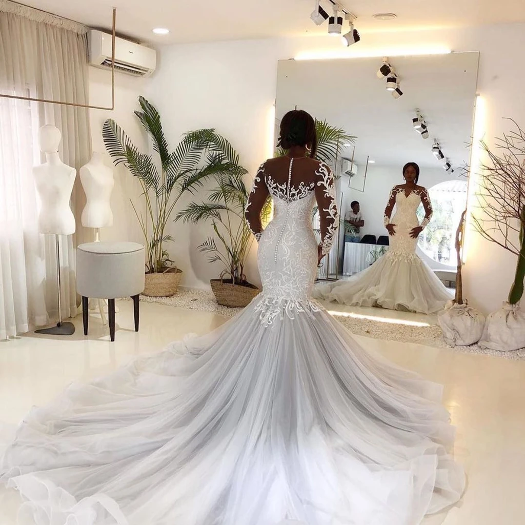 Mermaid Round Collar Long Sleeves Long Train Tulle Applique Wedding Dress-showprettydress