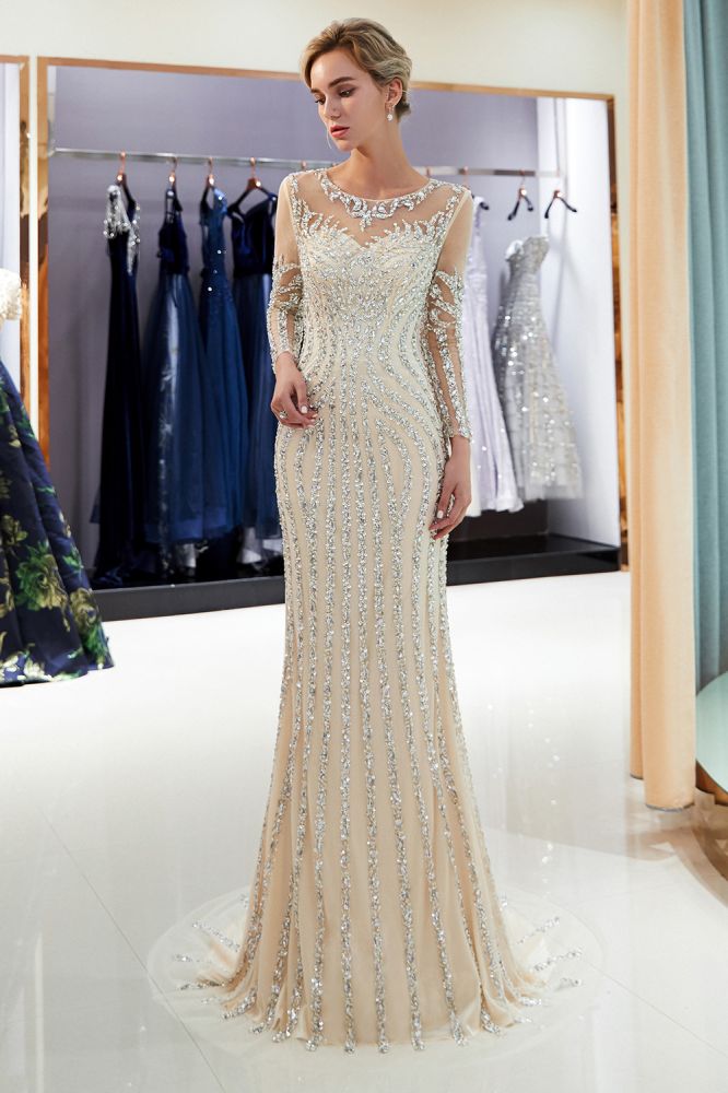 Mermaid Sequined Pattern Long Sleevess Evening Dresses-showprettydress