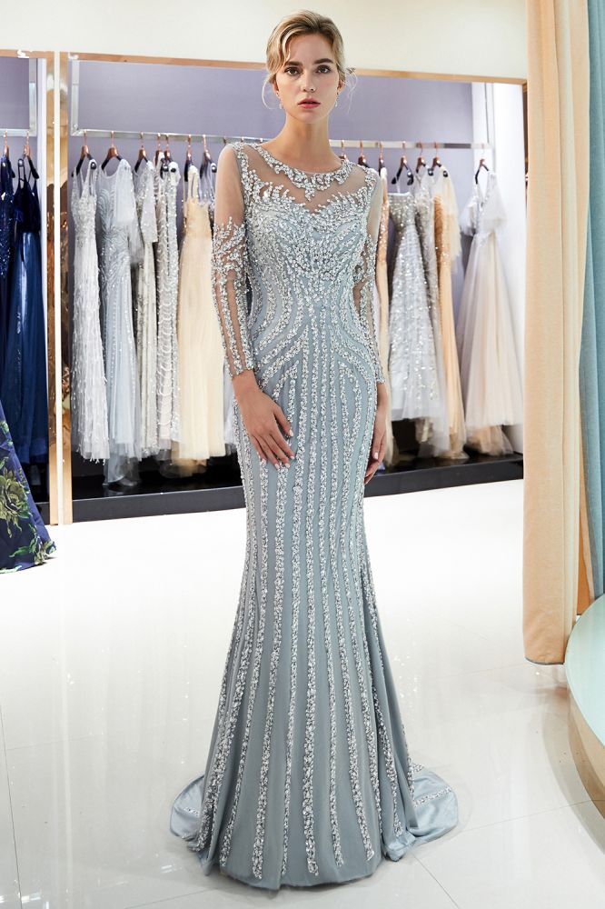 Mermaid Sequined Pattern Long Sleevess Evening Dresses-showprettydress