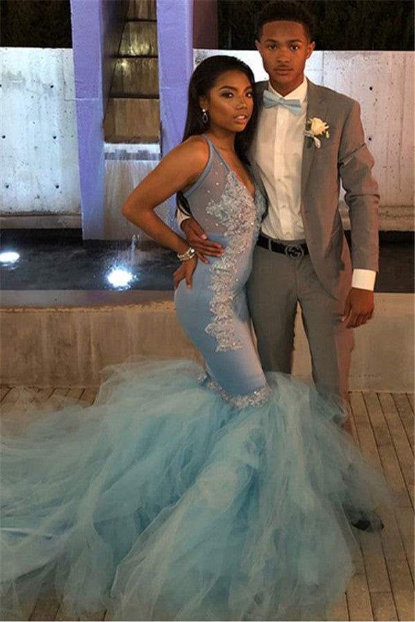 Mermaid Sheer Straps Applique Tulle Chic Prom Dresses-showprettydress