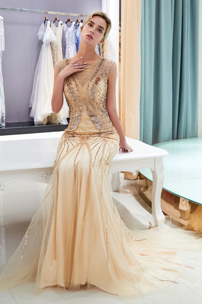 Mermaid Sleeveless Golden Sequins Beading Formal Party Dresses-showprettydress