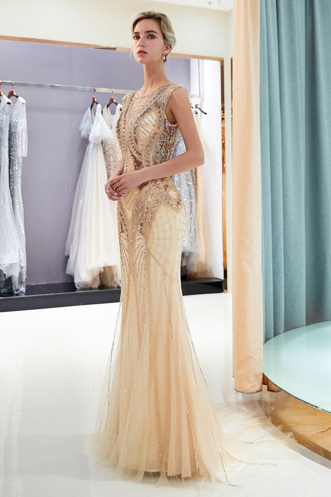 Mermaid Sleeveless Golden Sequins Beading Formal Party Dresses-showprettydress