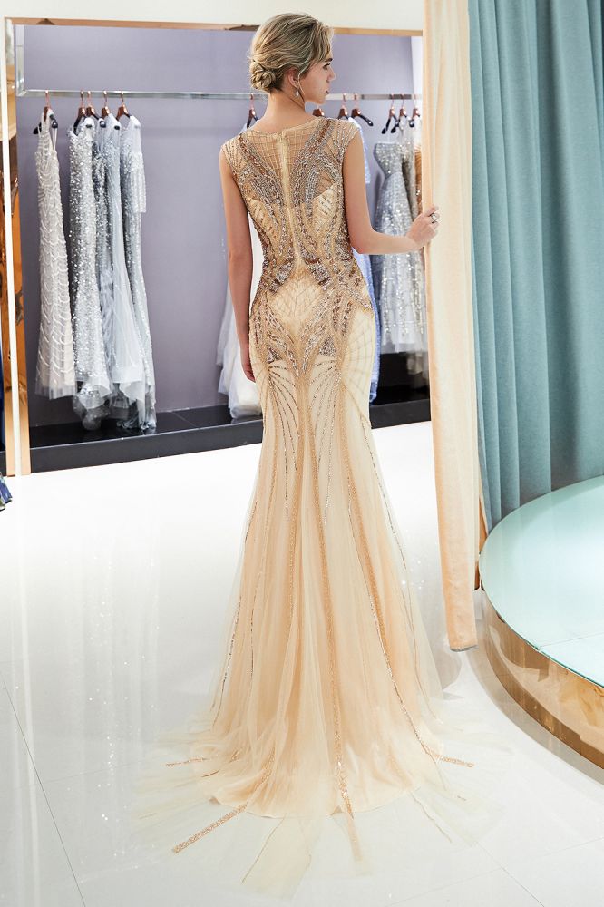 Mermaid Sleeveless Golden Sequins Beading Formal Party Dresses-showprettydress