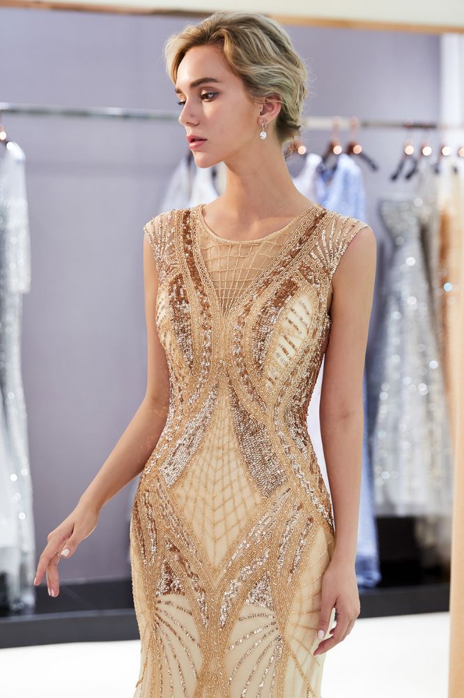 Mermaid Sleeveless Golden Sequins Beading Formal Party Dresses-showprettydress