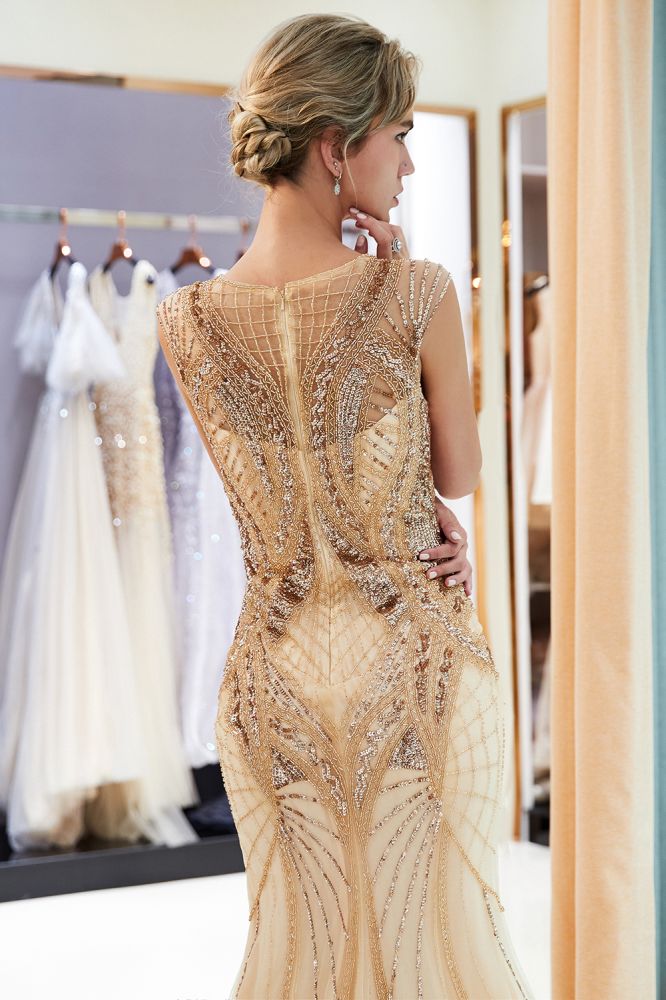 Mermaid Sleeveless Golden Sequins Beading Formal Party Dresses-showprettydress