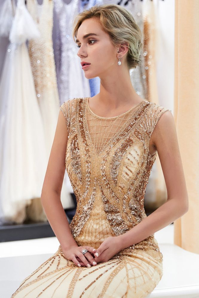 Mermaid Sleeveless Golden Sequins Beading Formal Party Dresses-showprettydress