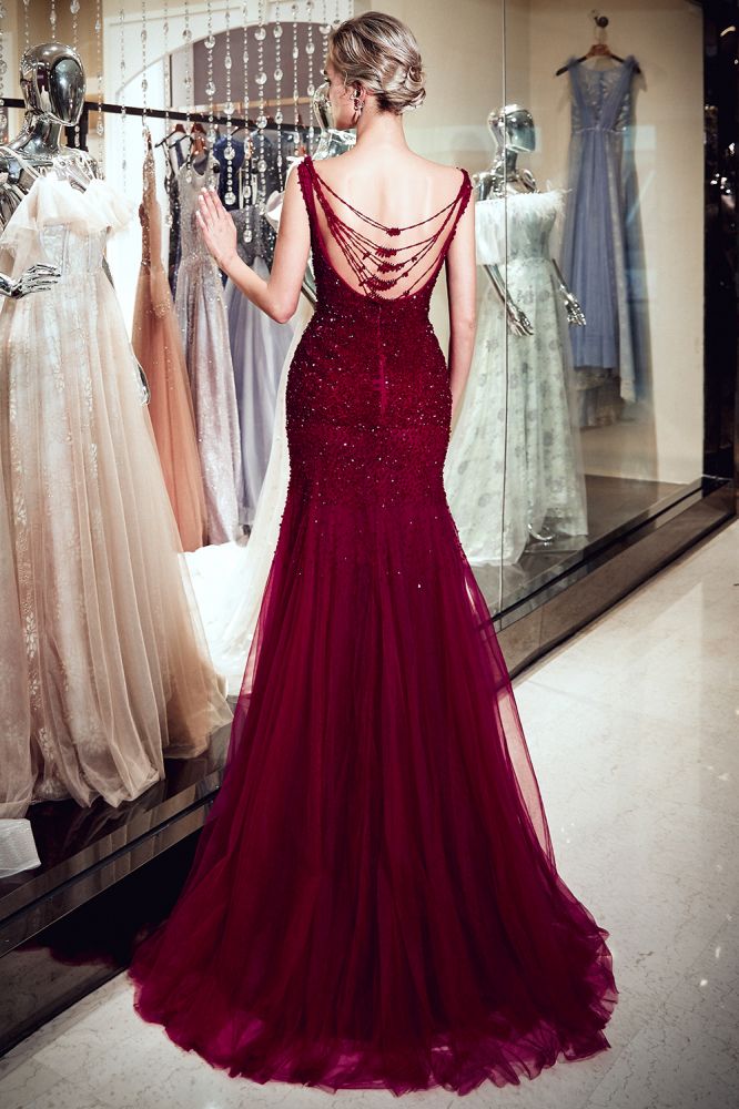 Mermaid Sleeveless Long Sequined Tulle Burgundy Evening Gowns-showprettydress