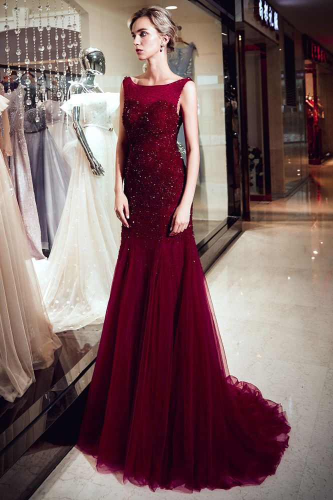 Mermaid Sleeveless Long Sequined Tulle Burgundy Evening Gowns-showprettydress