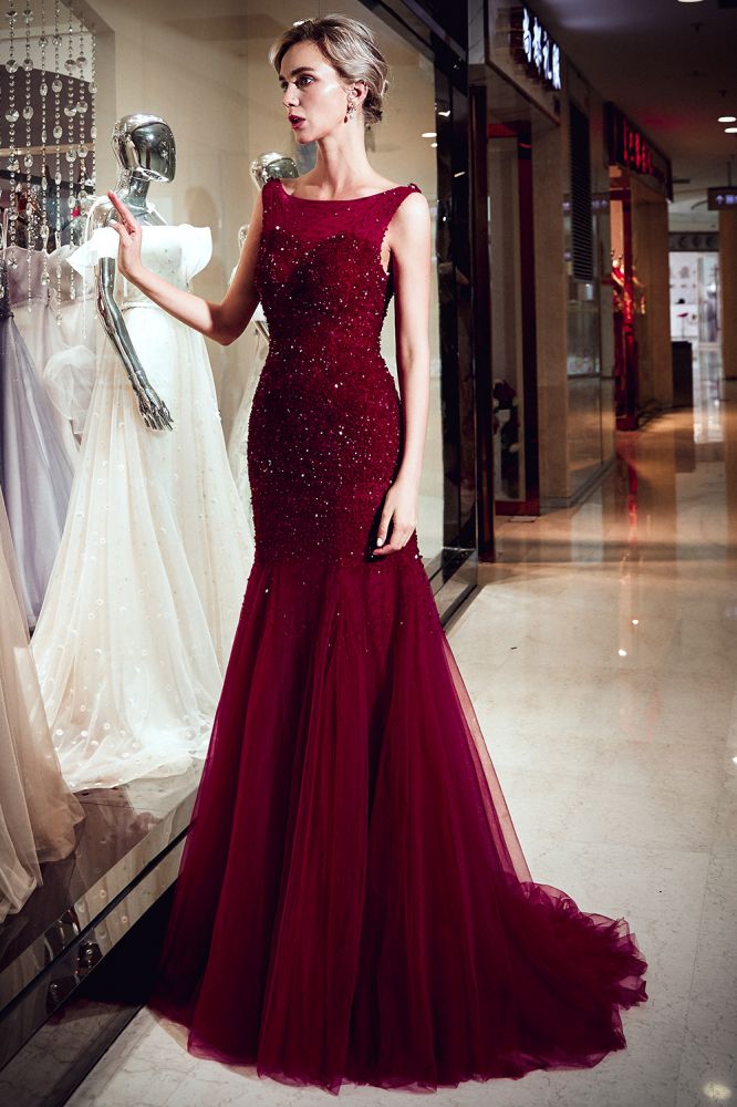 Mermaid Sleeveless Long Sequined Tulle Burgundy Evening Gowns-showprettydress