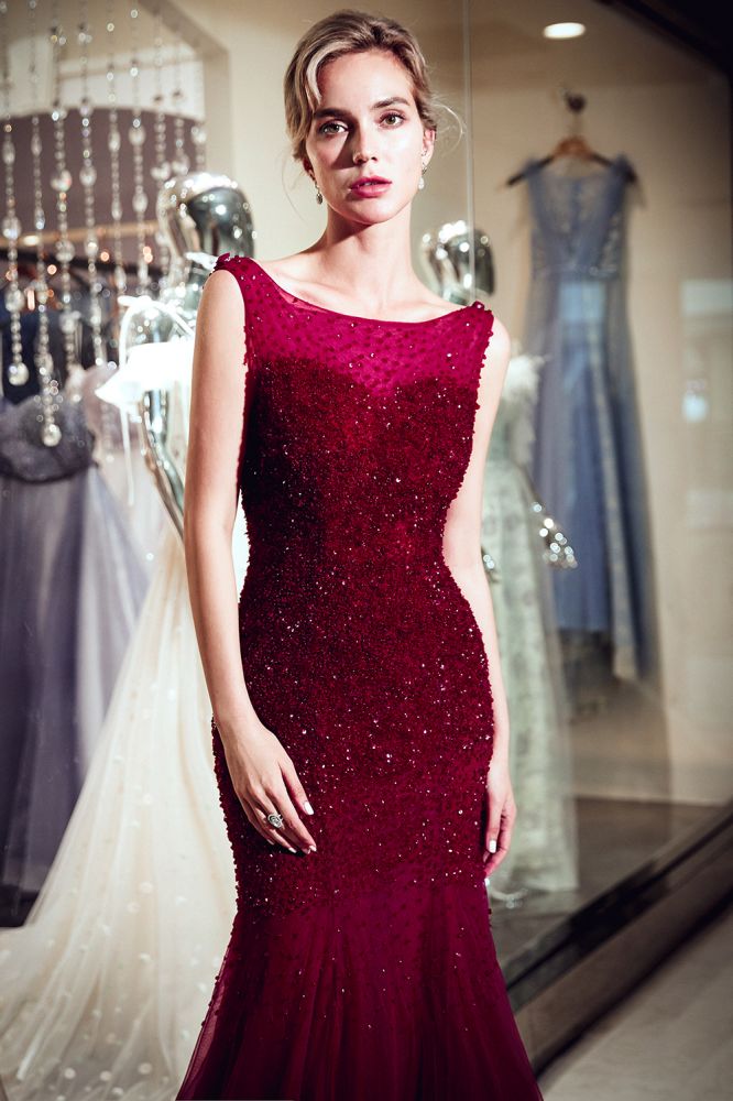 Mermaid Sleeveless Long Sequined Tulle Burgundy Evening Gowns-showprettydress