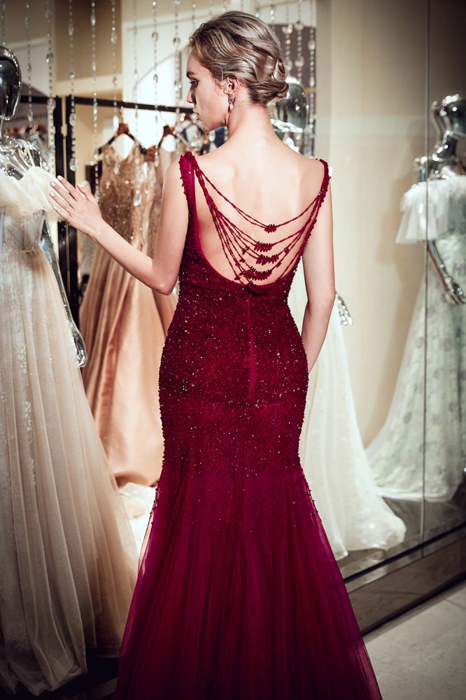 Mermaid Sleeveless Long Sequined Tulle Burgundy Evening Gowns-showprettydress