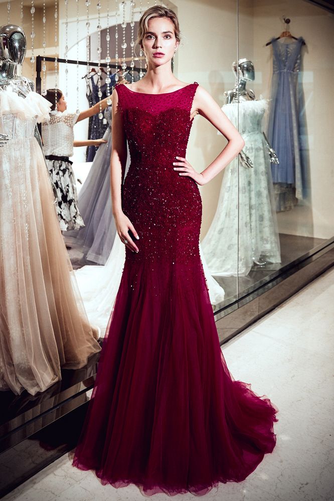 Mermaid Sleeveless Long Sequined Tulle Burgundy Evening Gowns-showprettydress