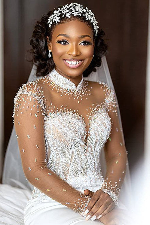 Mermaid Small Round Collar Floor Length Charmeuse Tulle Beaded Wedding Dress-showprettydress