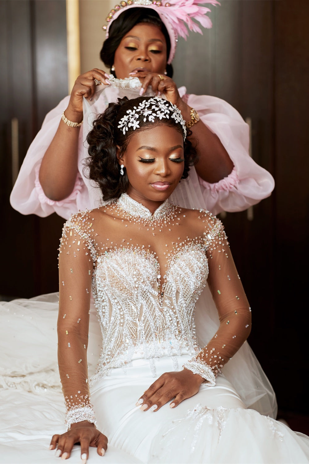 Mermaid Small Round Collar Floor Length Charmeuse Tulle Beaded Wedding Dress-showprettydress