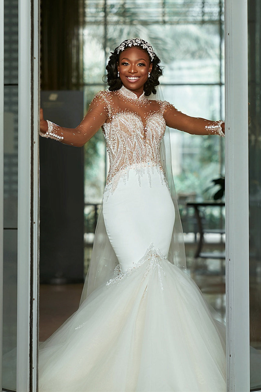 Mermaid Small Round Collar Floor Length Charmeuse Tulle Beaded Wedding Dress-showprettydress