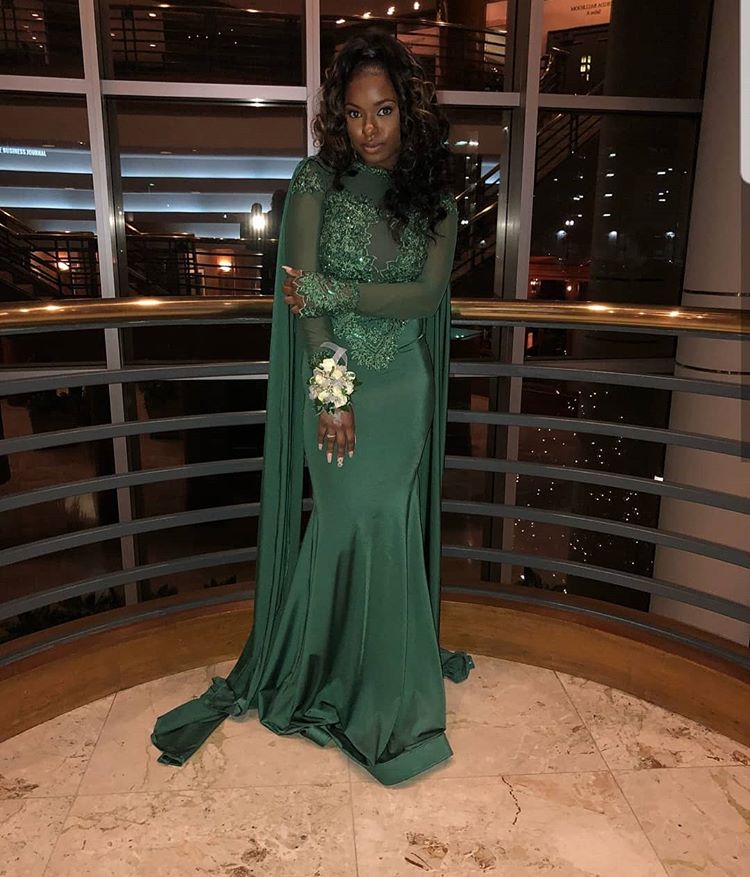 Mermaid Small Round Collar Long Sleeves Floor Length Beaded Applique Prom Dress With Cloak-showprettydress