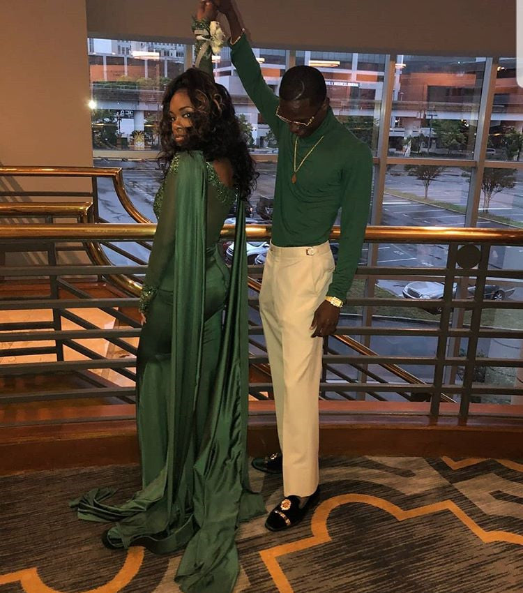 Mermaid Small Round Collar Long Sleeves Floor Length Beaded Applique Prom Dress With Cloak-showprettydress