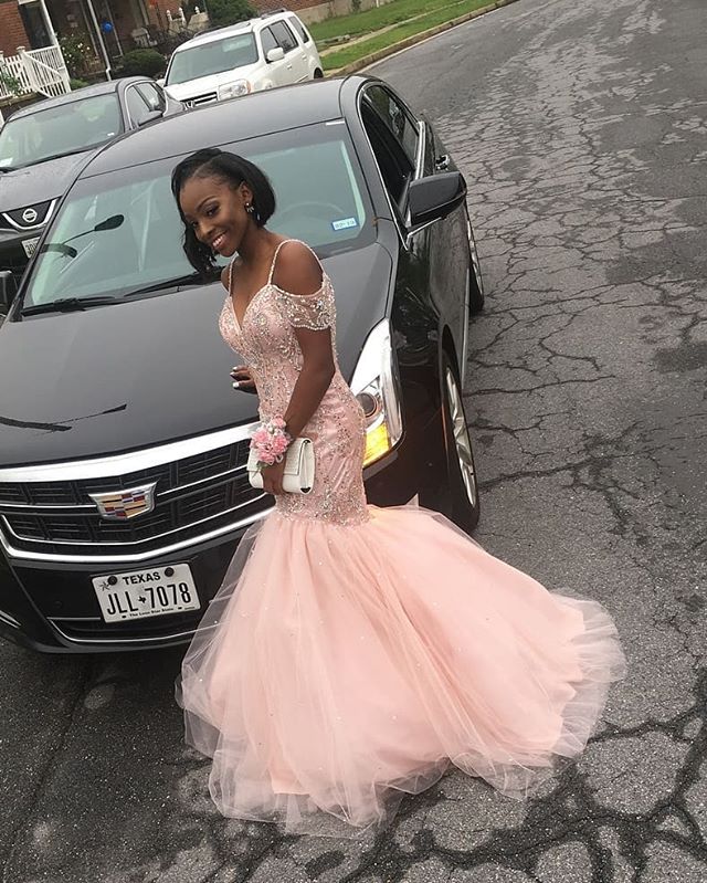 Mermaid Spaghetti Strap Floor Length Tulle Beaded Prom Dress-showprettydress