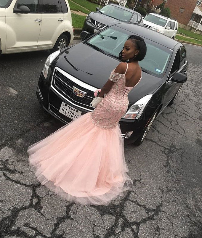 Mermaid Spaghetti Strap Floor Length Tulle Beaded Prom Dress-showprettydress