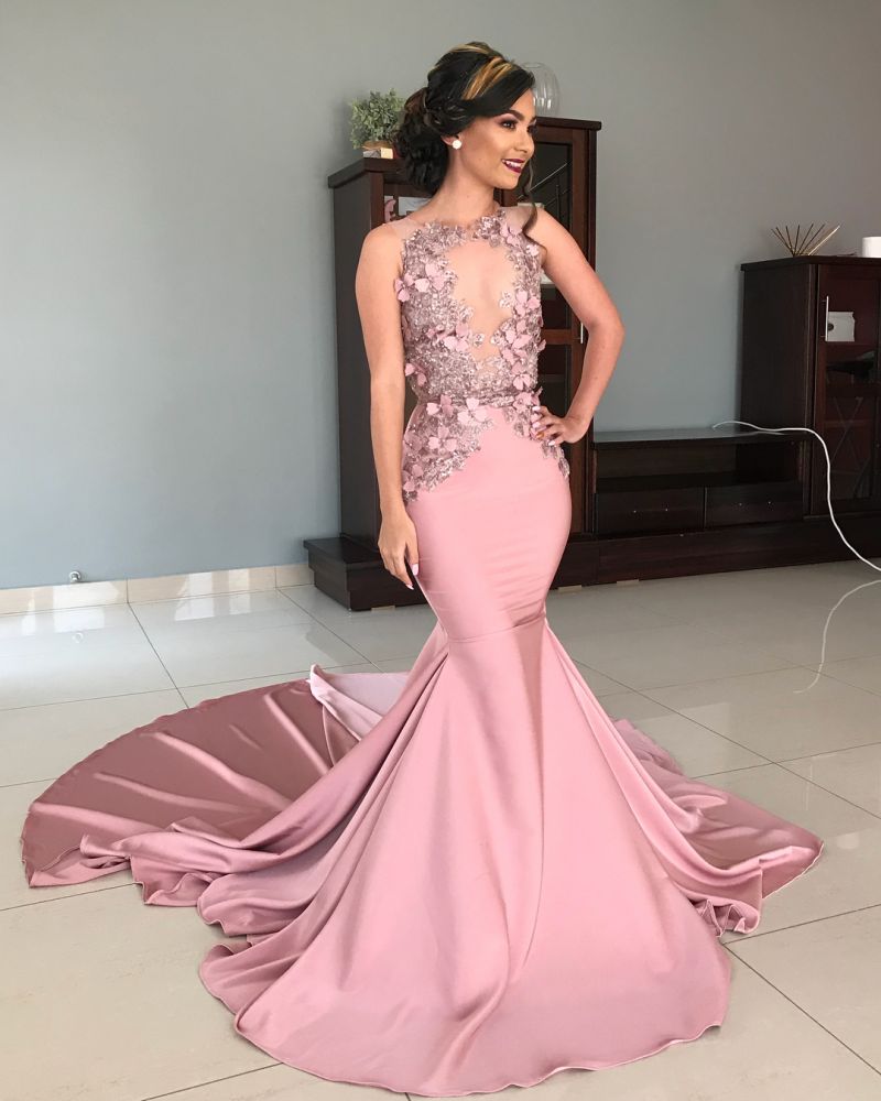 Mermaid Strapless Jewel Appliques Chic Prom Dresses Gorgeous Long Evening Dresses With Chapel Train-showprettydress