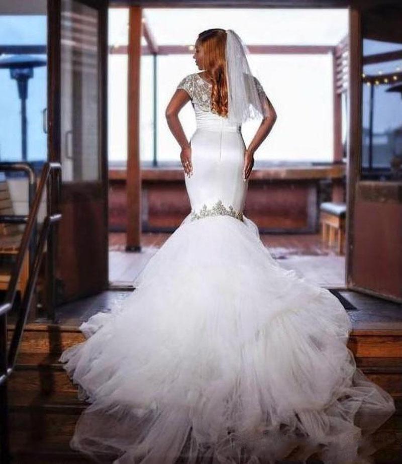Mermaid Tulle Beads Appliques Wedding Dress Exquisite Short Sleeves Bridal Dresses-showprettydress