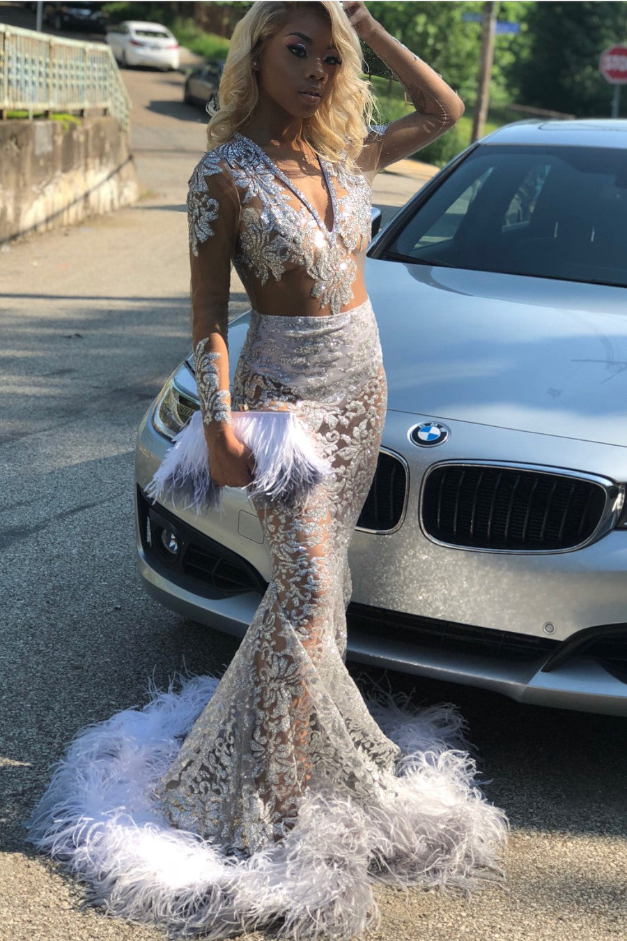 Mermaid V-neck Long Sleeves Floor Length Crochet Flower Prom Dress-showprettydress