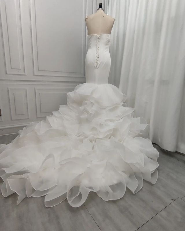 Mermaid V-neck Long Train Chiffon Lotus Leaf Hem Wedding Dress-showprettydress