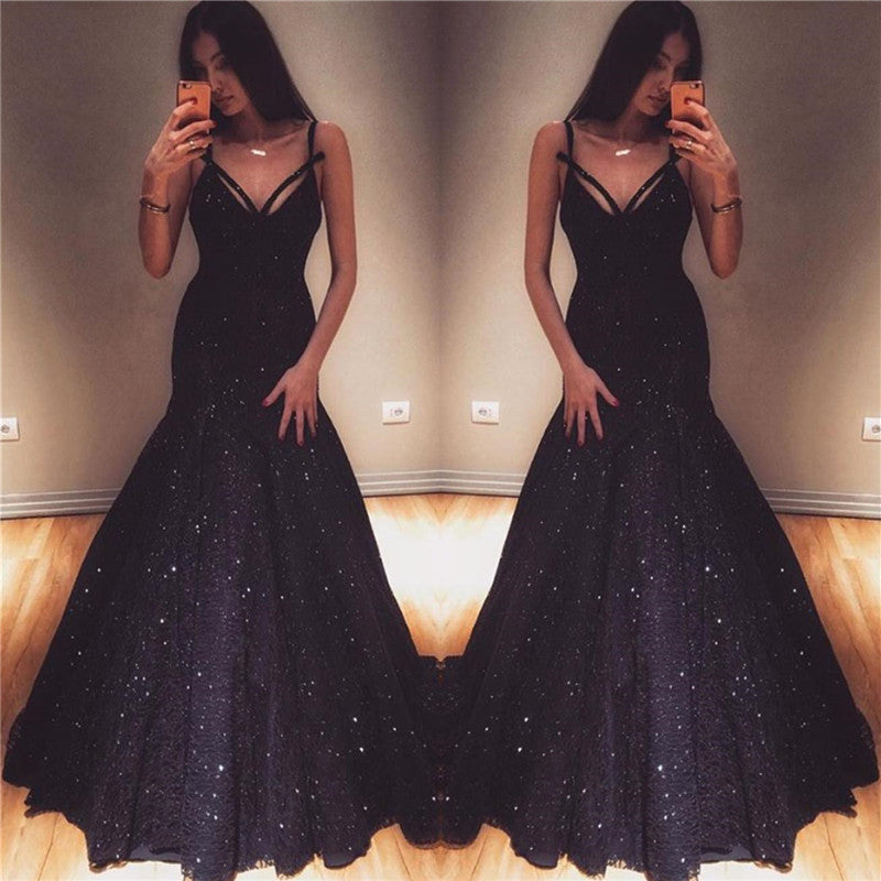 Mermaid V-neck Spaghetti Strap Floor Length Paillette Prom Dress-showprettydress