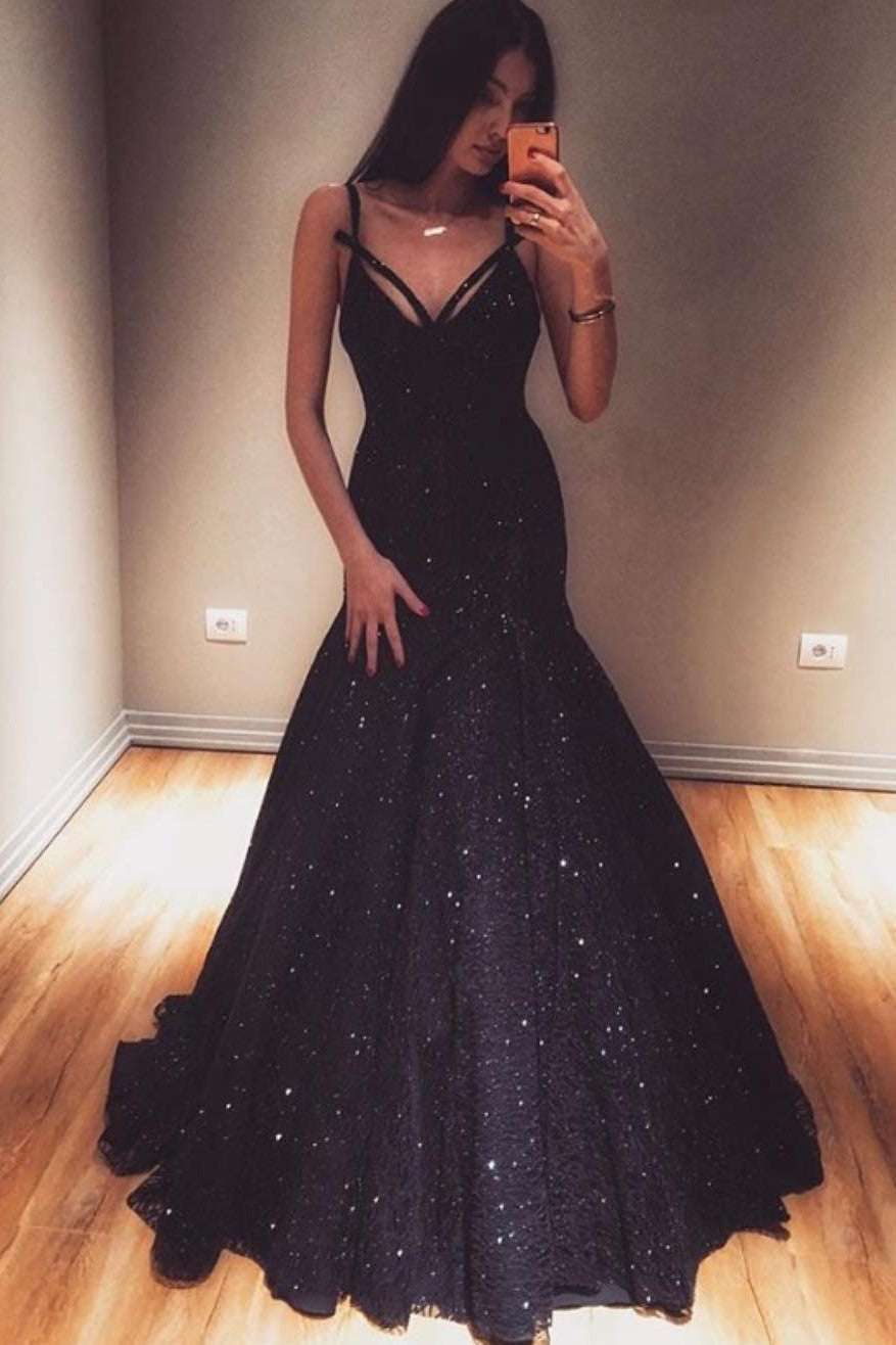Mermaid V-neck Spaghetti Strap Floor Length Paillette Prom Dress-showprettydress