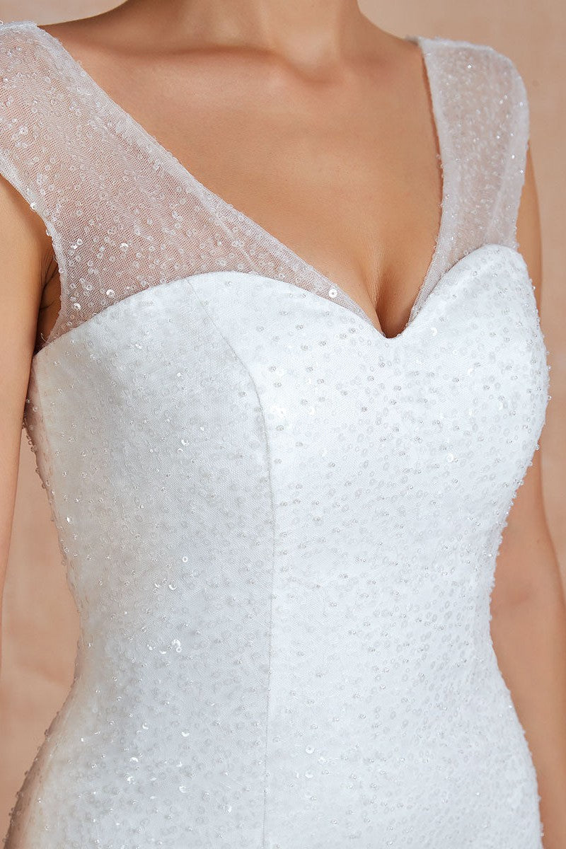 Mermaid Wedding Dress Beaded Chic V-Neck Sleeveless Bridal Gowns With Train-Showprettydress