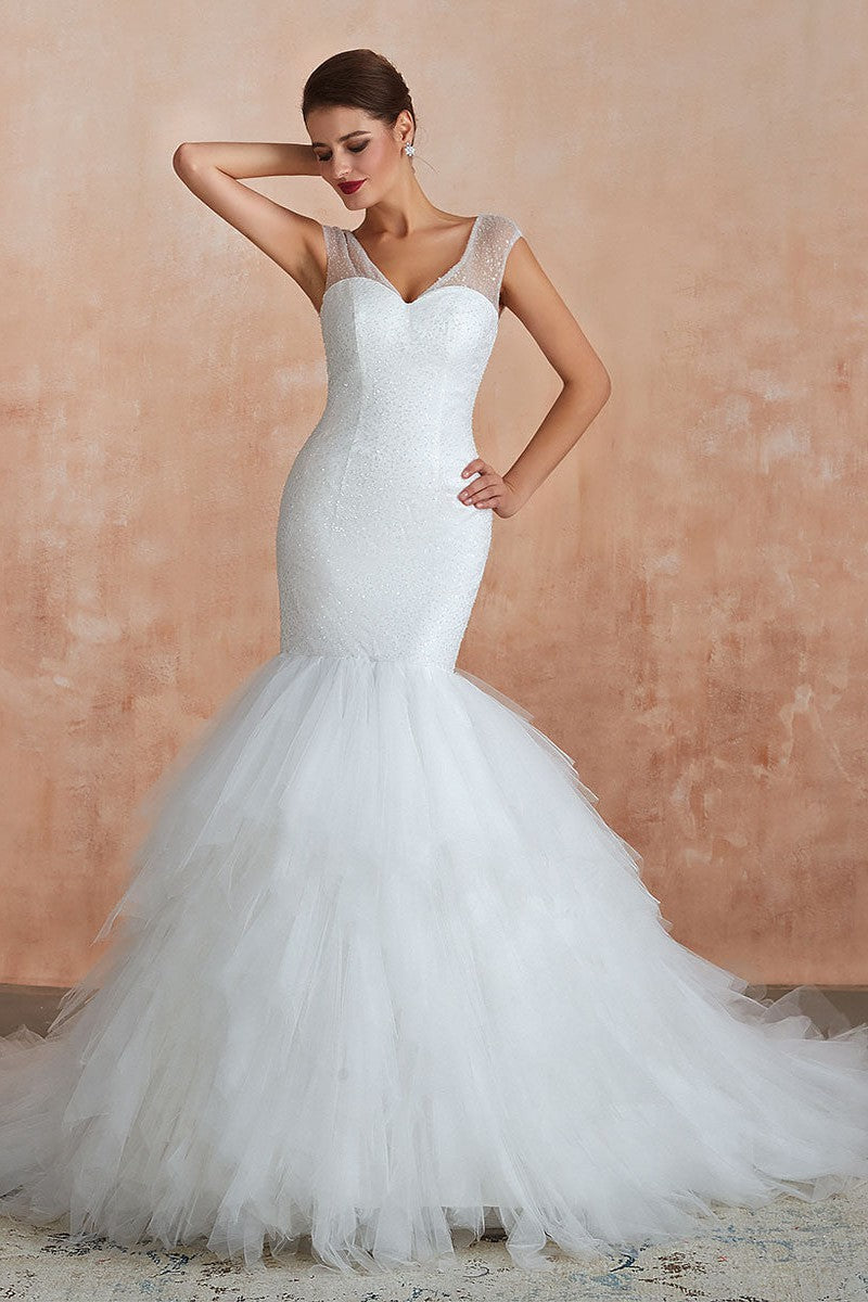 Mermaid Wedding Dress Beaded Chic V-Neck Sleeveless Bridal Gowns With Train-Showprettydress