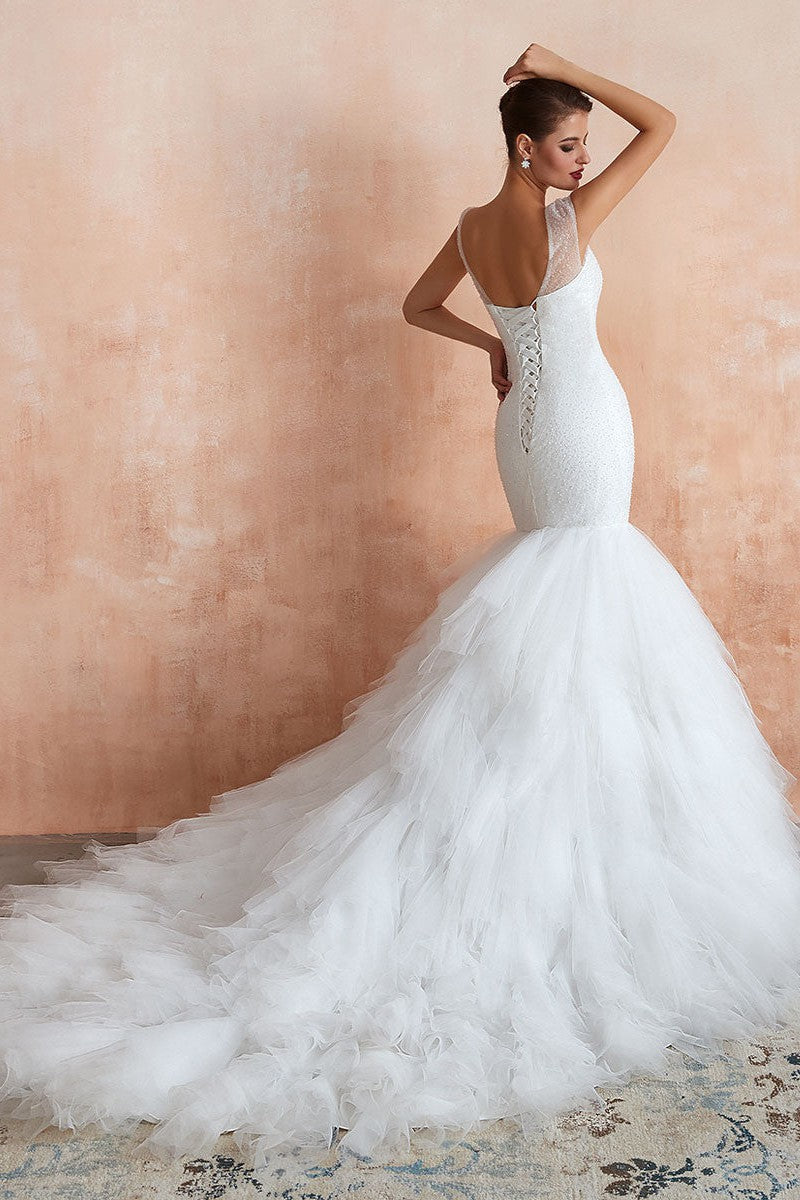 Mermaid Wedding Dress Beaded Chic V-Neck Sleeveless Bridal Gowns With Train-Showprettydress