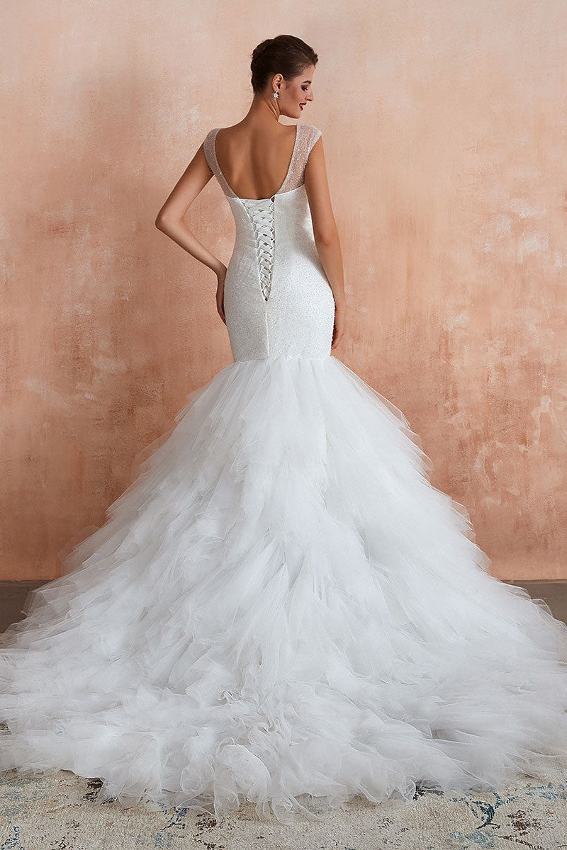 Mermaid Wedding Dress Beaded Chic V-Neck Sleeveless Bridal Gowns With Train-Showprettydress